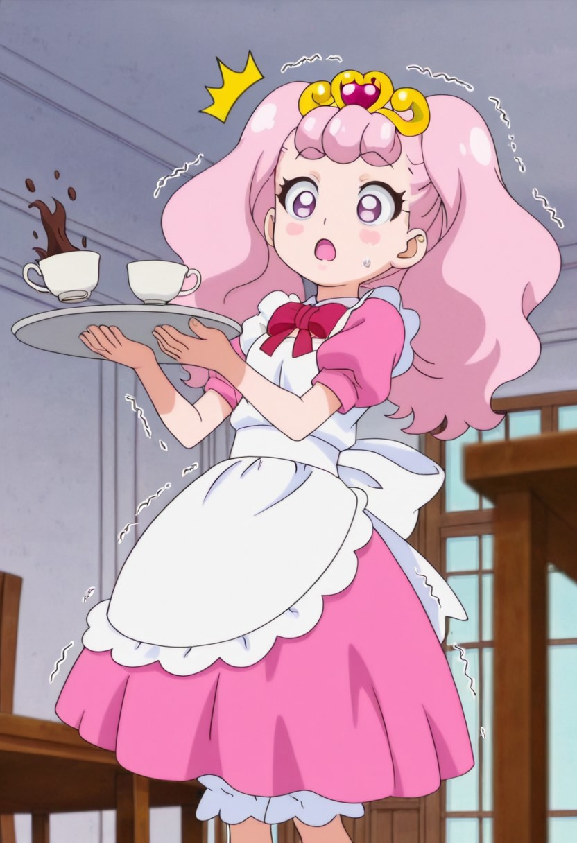 anime screencap, solo,1girl,pafu, apron, looking at cup, dress, maid, small breasts ,open mouth, mansion, holding tray, coffee cup falling, trembling tray, table, trembling hand, spilling coffee, shocked, ^^^, :o,
high definition,amazing quality,best quality,very aesthetic,masterpiece,absurdres,