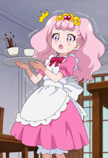 anime screencap, solo,1girl,pafu, apron, looking at cup, dress, maid, small breasts ,open mouth, mansion, holding tray, coffee cup falling, trembling tray, table, trembling hand, spilling coffee, shocked, ^^^, :o,
high definition,amazing quality,best quality,very aesthetic,masterpiece,absurdres,