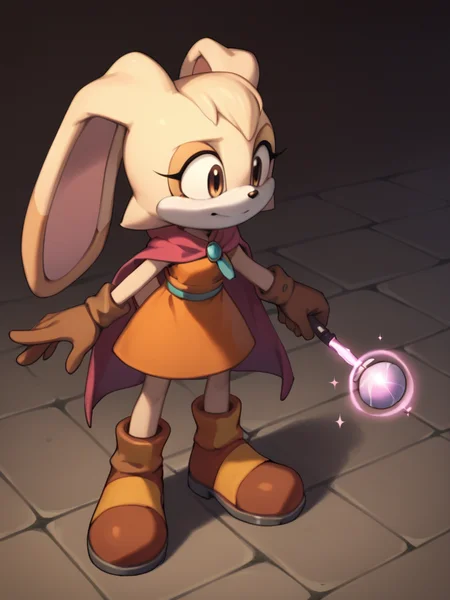 score_9, score_8_up, score_7_up, <lora:Cream_the_Rabbit_Pony:0.8> cre4mth3r4bb1t, Furry, furry female, animal ears, animal nose, rabbit ears, rabbit girl, tail, brown gloves, multicolored fur, orange dress, mauve cloak, one magic wand, <lora:Biancarabbit:0.6>