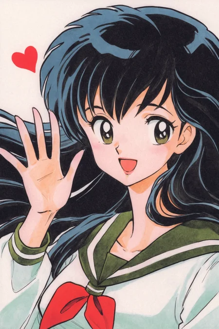 Higurashi Kagome,1girl,solo,school uniform,long hair,retro artstyle,white background,black hair,smile,simple background,open mouth,serafuku,long sleeves,1980s (style),heart,upper body,neckerchief,bangs,:d,sailor collar,waving,shirt,1990s (style),looking at viewer,hand up,white shirt,traditional media,<lora:Takahashi Rumiko_XL:0.8>,