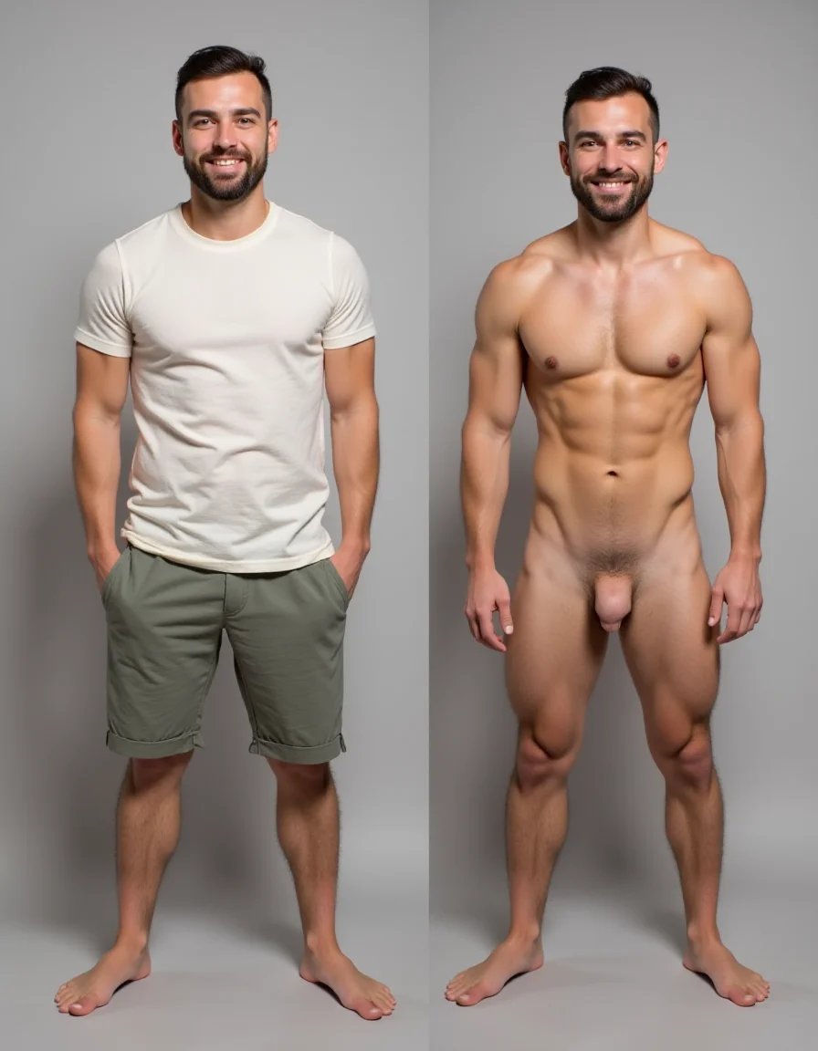 onoff, side-by-side images of a man wearing a t-shirt and shorts, clothed and nude <lora:OnOff_for_Flux:1>