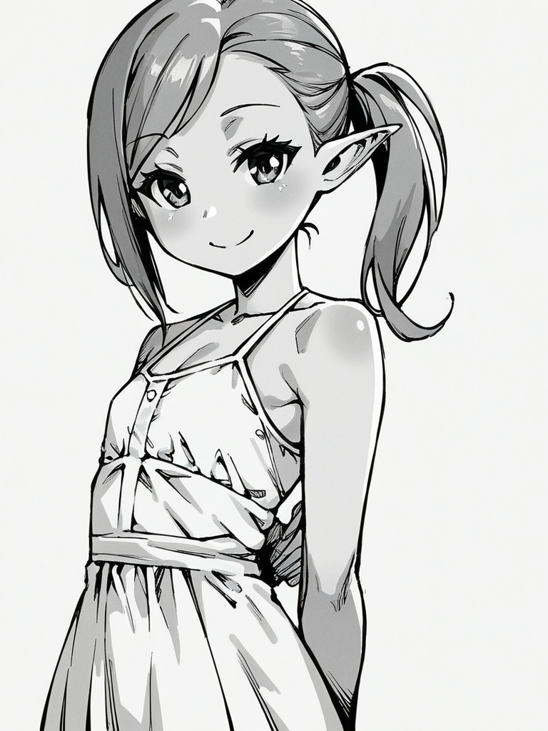 score_9, score_8_up, score_7_up,  
1girl, monochrome, pointy ears, grey hair, asymmetrical bangs, ponytail, flat chest,

smile, looking at viewer, arms behind back, standing, white background, white dress, sundress,

