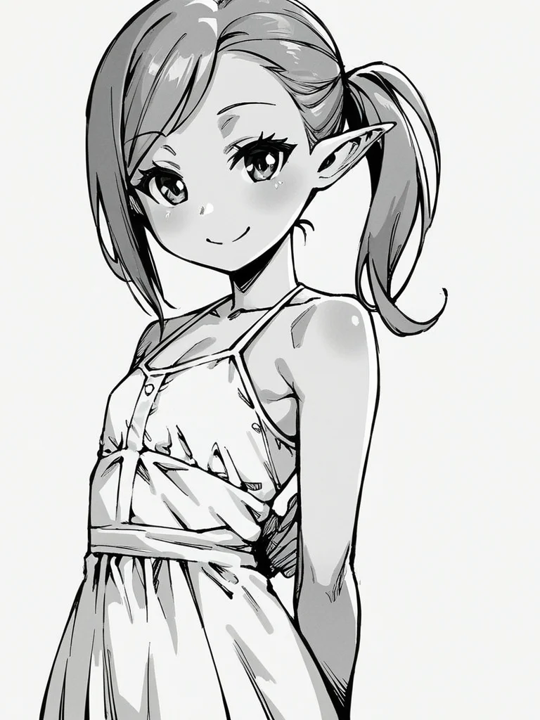 score_9, score_8_up, score_7_up,
1girl, monochrome, pointy ears, grey hair, asymmetrical bangs, ponytail, flat chest,
smile, looking at viewer, arms behind back, standing, white background, white dress, sundress,