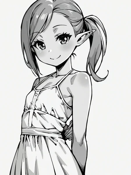 score_9, score_8_up, score_7_up,  
1girl, monochrome, pointy ears, grey hair, asymmetrical bangs, ponytail, flat chest,

smile, looking at viewer, arms behind back, standing, white background, white dress, sundress,
