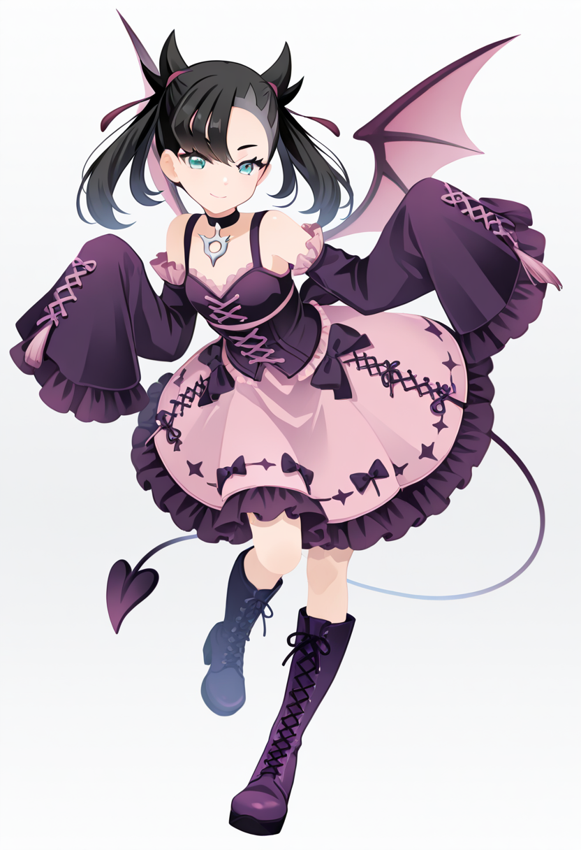masterpiece, best quality, 1girl, solo, eyelashes, (beautiful eyes),   zzMarnie, aqua eyes, black choker,<lora:MarniePokemonIllustrious:0.8>, leaning forward, smile, dynamic pose, close up,  C0utur3Cr4z3, solo, skirt, long sleeves, white background, dress, bow, standing, tail, full body, boots, frills, detached sleeves, wings, wide sleeves, black footwear, black dress, sleeves past wrists, black bow, standing on one leg, demon girl, frilled dress, bat wings, frilled skirt, frilled sleeves, tassel, pink dress, demon tail, corset, purple dress, sleeves past fingers, demon wings, Lfashion, purple bow, cross-laced clothes, purple footwear,    <lora:CoutureCraze_IXL:1.0>,