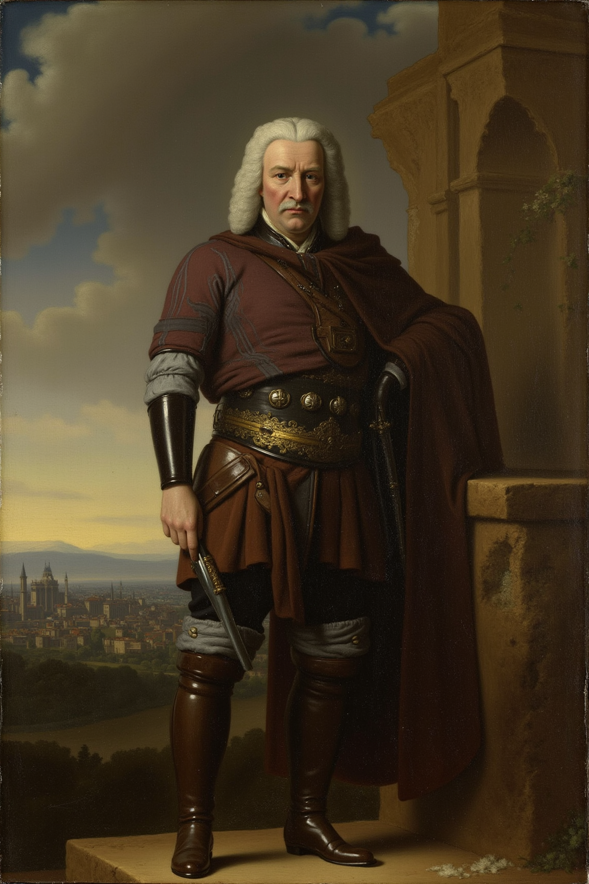 yfg-P@int by a dutch master painter, Portrait photo of a Bounty Hunter standing on the edge of a sprawling cityscape at Coruscant, captured in a style reminiscent of 17th-century Dutch masters like Rembrandt and Vermeer, using thick impasto brushstrokes with a palette knife for added texture and depth effect. Set the stroke to heavy for deep shadows that plunge into the foreground. The composition should focus on placing the Bounty Hunter off-center, slightly tilted towards the observer, to create a sense of movement and dynamism, while emphasizing their imposing figure against the vibrant city lights in warm tones.