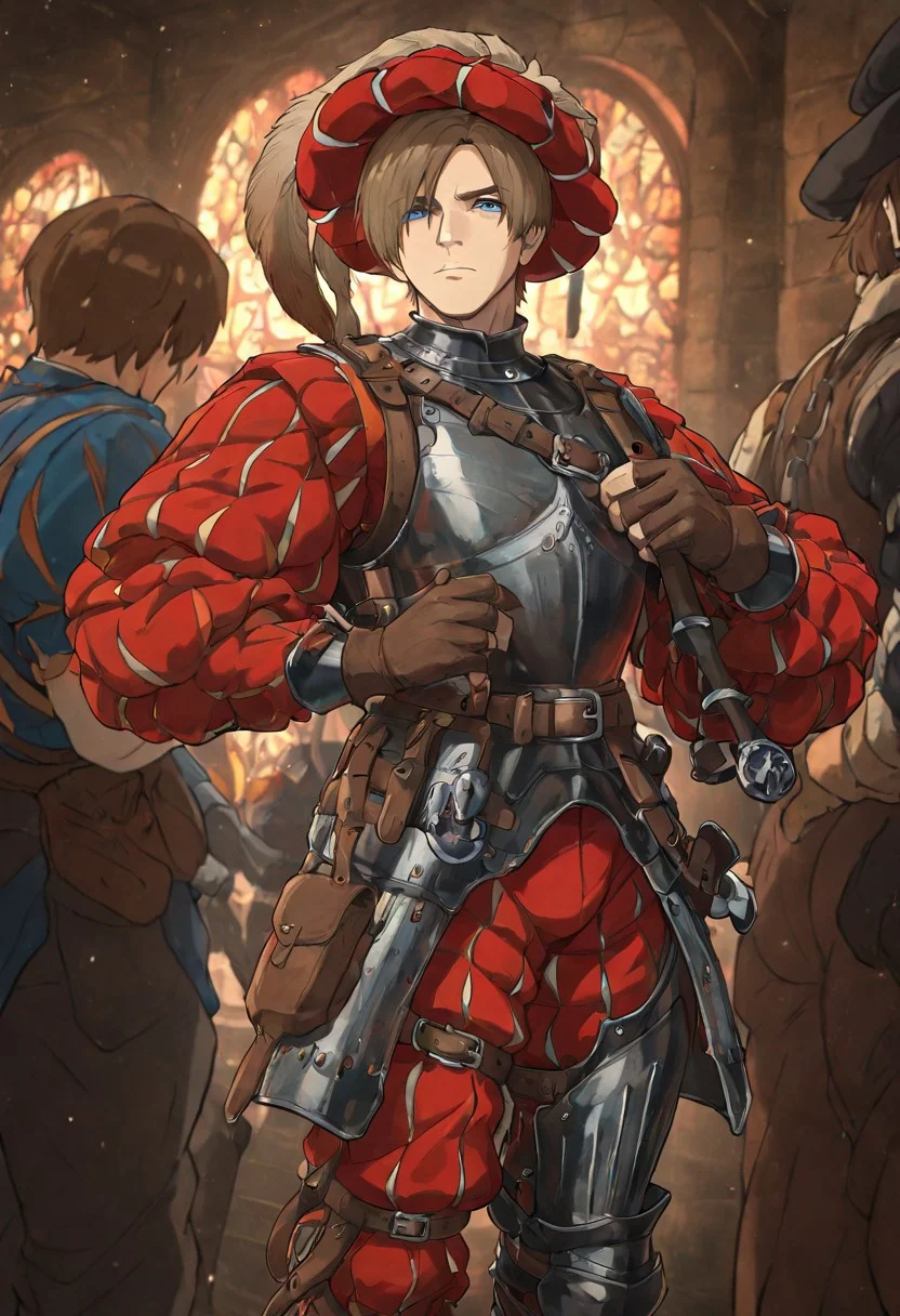 masterpiece, best quality, newest, absurdres, highres, anime, anime style,
LKAV1.0, landsknecht, armor, belt, breastplate, chaperon hat, faulds, asymmetrical legwear, asymmetrical armor, puffy sleeves, puffy pants,
1boy, leon s. kennedy, brown hair, blue eyes, gloves,