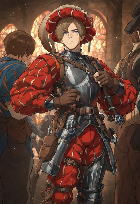 masterpiece, best quality, newest, absurdres, highres, anime, anime style,
LKAV1.0, landsknecht, armor, belt, breastplate, chaperon hat, faulds, asymmetrical legwear, asymmetrical armor, puffy sleeves, puffy pants,
1boy, leon s. kennedy, brown hair, blue eyes, gloves,