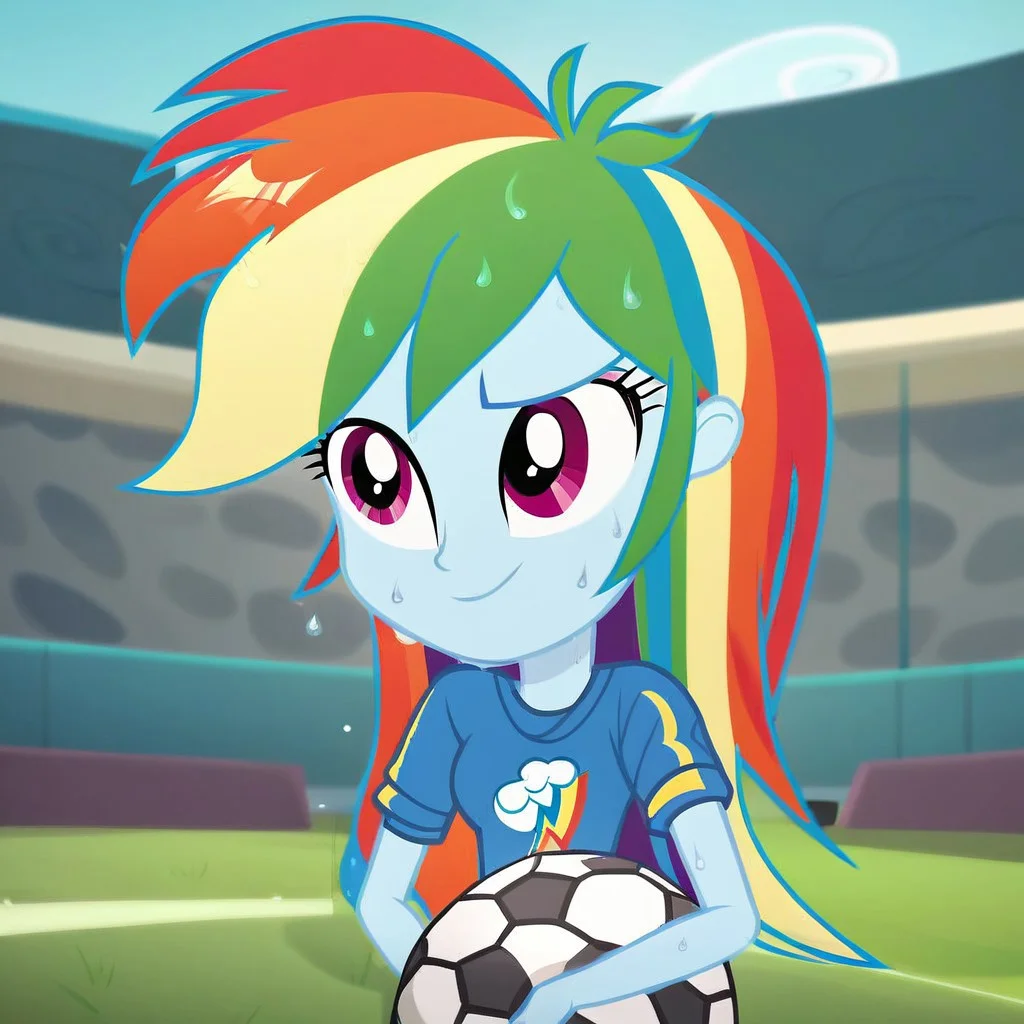score_9, score_8_up, score_7_up, score_6_up, score_5_up, score_4_up, rainbow dash, skinny,, solo, (show accurate equestria girls:1.3), cute, best high quality, high res, , female, sweaty, football field, playing soccer, soccer ball, wet shirt