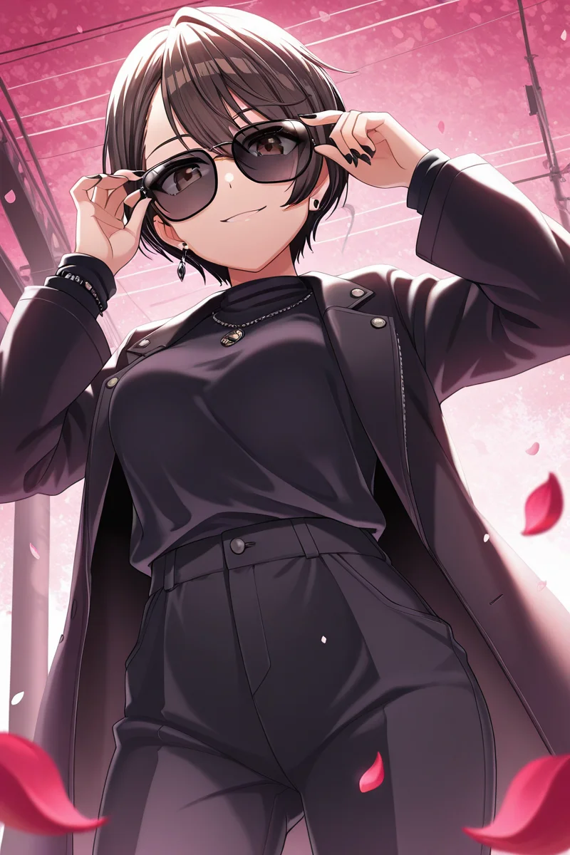 masterpiece, best quality, amazing quality,
<lora:Aoi_IL:1> aoi, 1girl, petals, sunglasses, solo, looking at viewer, black nails, short hair, smile, jacket, jewelry, adjusting eyewear, long sleeves, pants, earrings, shirt, brown eyes, nail polish, from below