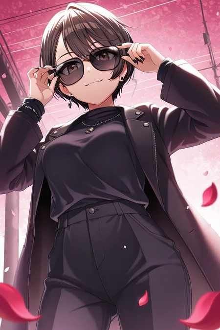 masterpiece, best quality, amazing quality,
 <lora:Aoi_IL:1> aoi, 1girl, petals, sunglasses, solo, looking at viewer, black nails, short hair, smile, jacket, jewelry, adjusting eyewear, long sleeves, pants, earrings, shirt, brown eyes, nail polish, from below