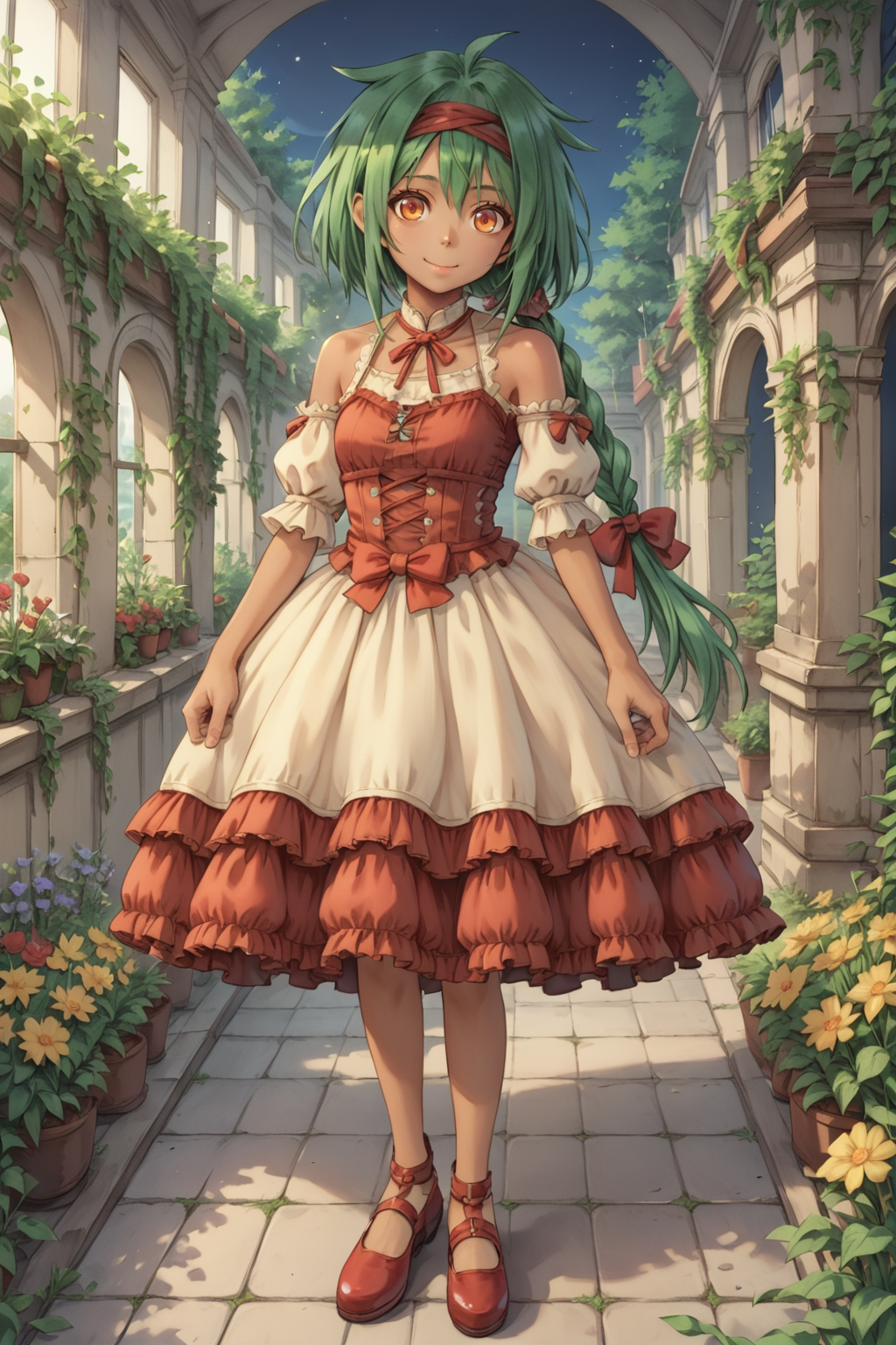 (score_9, score_8_up, score_7_up, score_6_up), source anime, BREAK, solo, <lora:Kylier:0.65> , kylierdef, 1girl, dark skin, green hair, low-tied long hair, long hair, orange eyes, bare shoulders,  <lora:wrenchlogown-PonyXL:0.8> , wrenchlogown, gown, layered clothing, puffy sleeves, red footwear, cowboy shot, night, exterior, garden, courtyard, closed mouth,  smile, <lora:zy_Detailed_Backgrounds_v1:0.5> , detailed background, highly detailed,   <lora:backgroundsetXL:0.4> , background,  <lora:m4gXLP:0.7> , m4g,