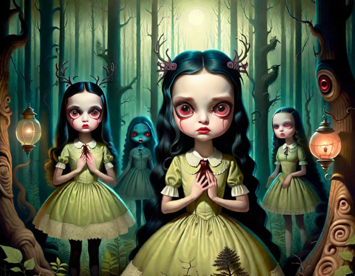 <lora:lowbrow_XL:1>, lowbrow, lowbrow-xl, surrealistic, absurd, bizarre, eerie, fanciful, fantastic and ludicrous, Shadow people watching us inside a dark horror forest, heroic lighting, folklore, intricate, highly detailed, lifelike, photorealistic, digital painting