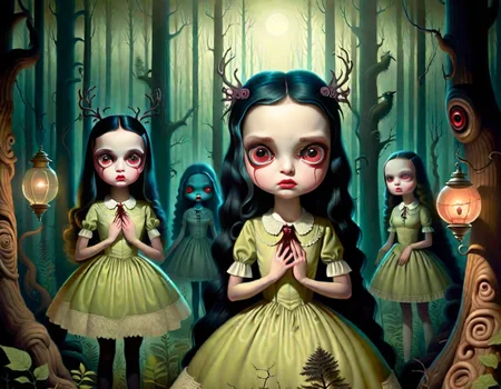 <lora:lowbrow_XL:1>, lowbrow, lowbrow-xl, surrealistic, absurd, bizarre, eerie, fanciful, fantastic and ludicrous, Shadow people watching us inside a dark horror forest, heroic lighting, folklore, intricate, highly detailed, lifelike, photorealistic, digital painting