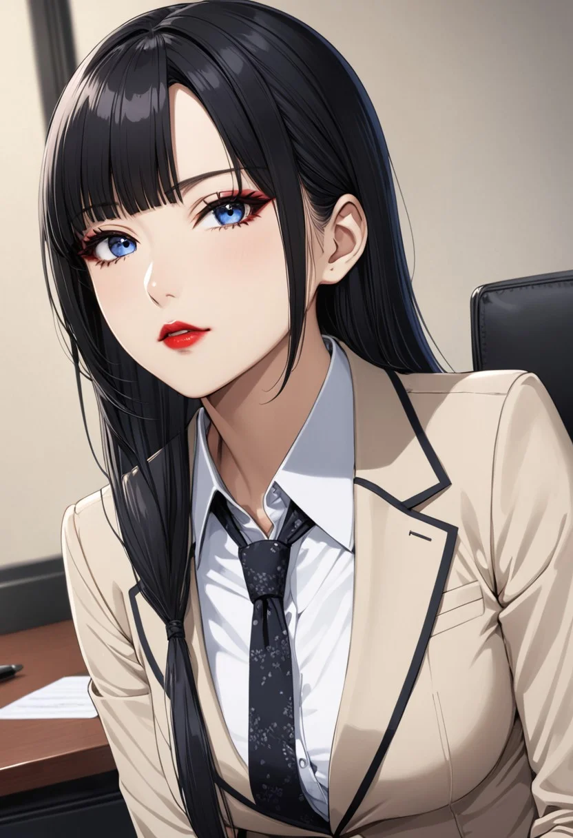 embedding:urn:air:sd1:embedding:civitai:222256@250708, (anime, masterpiece, intricate:1.3), (best quality, hires textures, high detail:1.2), (4k),(incredibly detailed:1.4), perfect anatomy, slim, pointed nose, (nostrils:1.3), long hair, blue eyes, black hair, bangs, blunt bangs, mole under mouth, nyotengu, full body, medium breasts, office lady, eyeliner, red lipstick, charming look, languid look, mole near mouth, tie, half-closed eyelids, villainess, eye shadow,