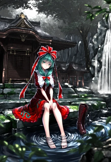 1girl, solo, long hair, looking at viewer, dress, bow, ribbon, sitting, green eyes, hair ribbon, short sleeves, hair bow, outdoors, frills, boots, green hair, shoes, barefoot, day, puffy sleeves, water, red bow, red ribbon, puffy short sleeves, tree, head tilt, bare legs, red dress, sunlight, knee boots, building, scenery, v arms, hand between legs, stairs, shade, architecture, frilled bow, unworn shoes, east asian architecture, ripples, dappled sunlight, soaking feet, front ponytail, waterfall, shrine, frilled ribbon, moss, tree shade, hands on lap, sitting on stairs, unworn boots, stream, stone stairs, kagiyama hina, <lora:ryosios:1>