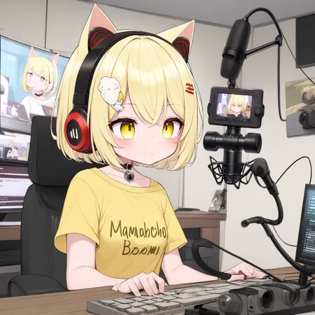 nyana, mamabichos text on shirt, yellow shirt, cat girl, cat ears, blonde hair, big eyes, hair ornament, short hair, red headphones,
indoors, computer, monitors, boom mic, webcam,
<lora:NYANA-XL-t2:0.6>