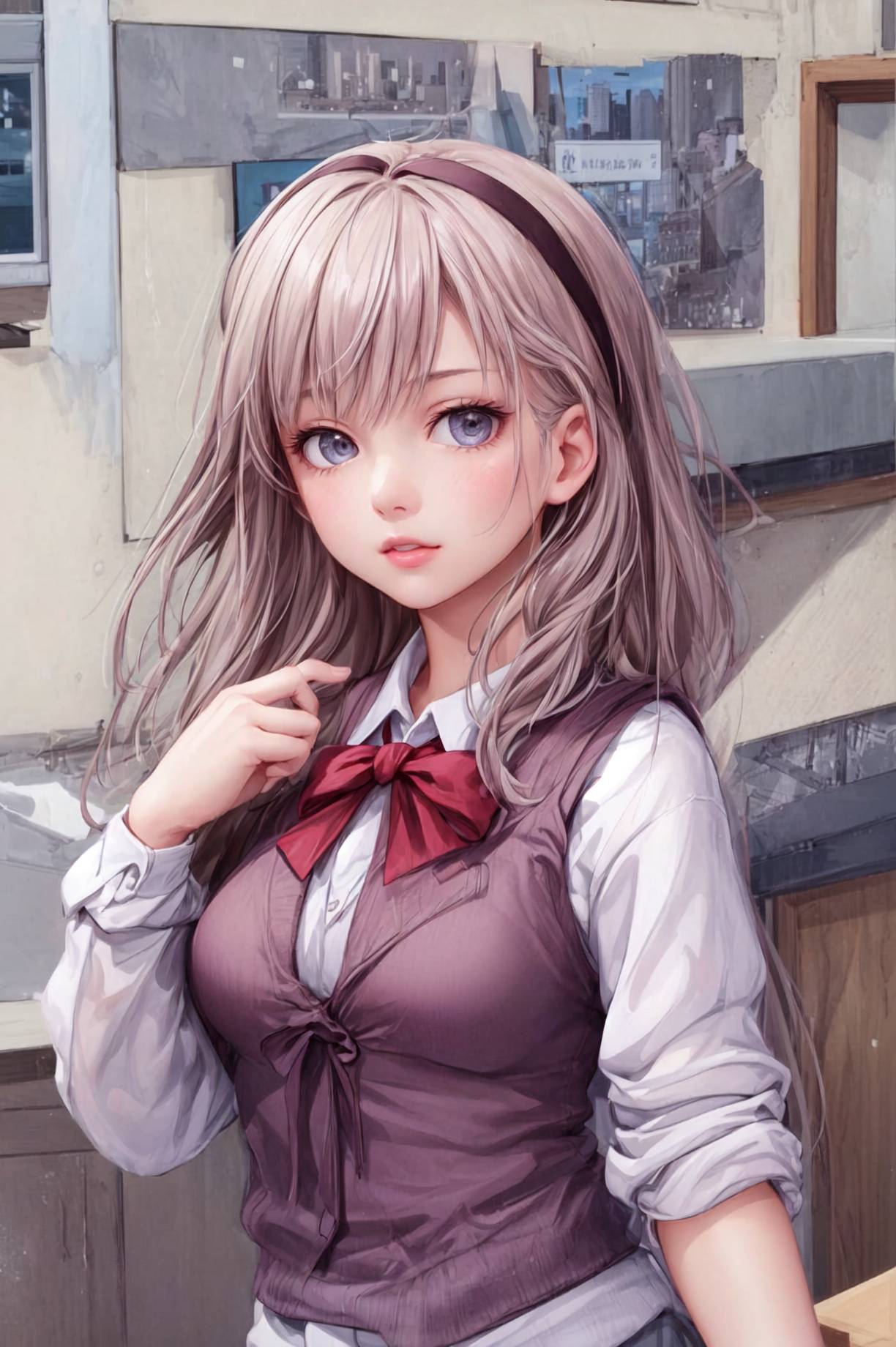 <lora:Tool - Detail up:0.5>, dynamic amgle,
1girl, matured female, vest, bow, photo, realistic, best quality, hires, detailed face, office, buildings from window, detailed background, diffused sunlight, depth of field, bokeh,3d, photo realistic,