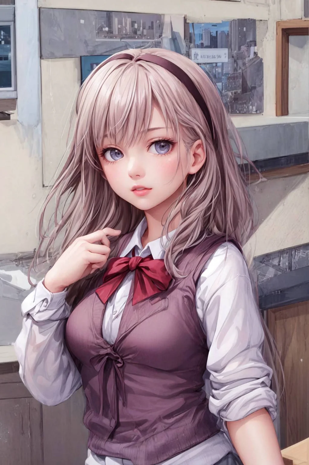 <lora:Tool - Detail up:0.5>, dynamic amgle,
1girl, matured female, vest, bow, photo, realistic, best quality, hires, detailed face, office, buildings from window, detailed background, diffused sunlight, depth of field, bokeh,3d, photo realistic,