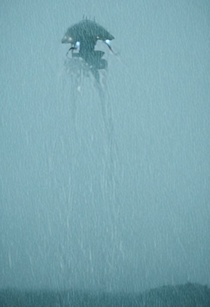 tall tripod looming over a city, raining, lightning, cinematic, closeup, spotlights, (concept-tripod)