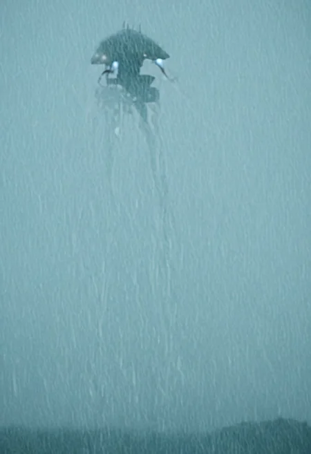 tall tripod looming over a city, raining, lightning, cinematic, closeup, spotlights, (concept-tripod)