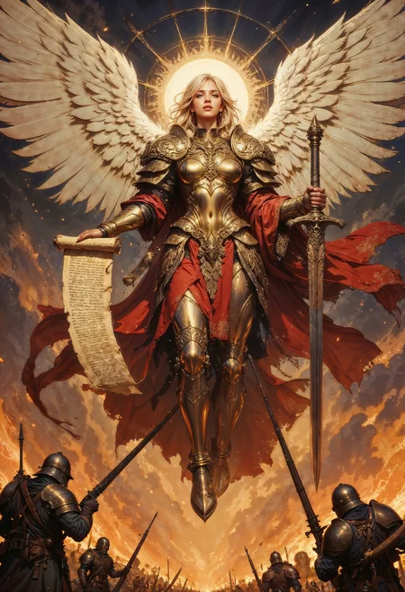 Highly detailed and dramatic digital artwork featuring a powerful angelic woman in the center, surrounded by a dramatic, dark background. The central figure is clad in ornate golden armor with red accents, featuring large, white, feathered wings spread wide. The gorgeous angel is hovering in the air. A radiant halo of light emanates from behind her head, casting a divine glow. The angel holds a sword in her right hand, and a scroll unfurls from the left hand, inscribed with ancient text. Below, three armored soldiers with helmets and rifles stand on a fiery battlefield, adding a sense of conflict and intensity. The overall composition is dynamic, with a strong contrast between the celestial figure and the dark, smoky environment, emphasizing themes of battle and divinity.
