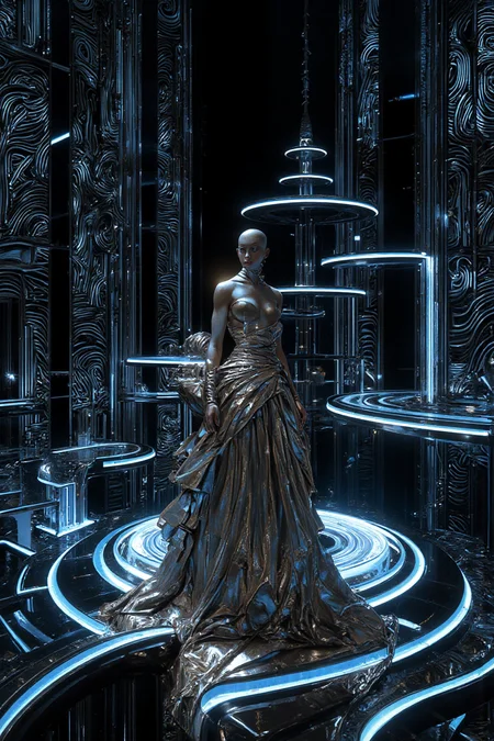 A striking woman stands gracefully on surreal floating platforms resembling stairs, each step appearing as a thin, horizontal rectangle glowing in electric blue, suspended seamlessly in midair with no visible support or rails. These platforms create the illusion of defying gravity, hovering in a sequence that ascends into the black void of the space. She exudes unparalleled elegance in a Met Gala-inspired ensemble featuring an exaggeratedly oversized gown with avant-garde sculptural folds and cascading, asymmetrical layers. The metallic silver fabric shimmers subtly, catching and reflecting the electric blue light, while the exaggerated train of the gown trails dramatically down the glowing platforms, adding to the surreal atmosphere. Her pose is strikingly dynamic: her body tilts slightly forward with one arm extended outward for balance, the other resting on her hip, while her weight shifts elegantly to one leg, emphasizing her statuesque silhouette and commanding presence. The background features black walls and floors adorned with white linear patterns, meticulously arranged in angular and flowing designs to create a mesmerizing optical illusion of movement and depth, perfectly juxtaposing the scene's surreal elements. High quality rendering. 8K.