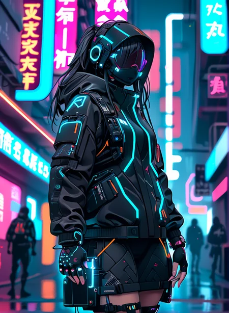 masterpiece,high resolution,shadow detail,natural light,
techwear, 
, cyberpunk, solo, , blurry background, science fiction, neon lights, fingerless gloves
 <lora:TechWearXL:0.8>