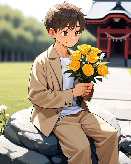 masterpiece, best quality, amazing quality, 1boy, solo, masterpiece, best quality, young man sitting on a rock, relaxed posture, casual outfit (beige jacket, white t-shirt, beige trousers), short dark hair, holding a small bouquet of flowers, slight smile, looking at the camera, outdoor setting, blurred background with architecture, candid lifestyle photography, shallow depth of field, bright and even lighting, sunny day, volumetric lighting, breeze style
<lora:Bree_Style_Hv1:1>