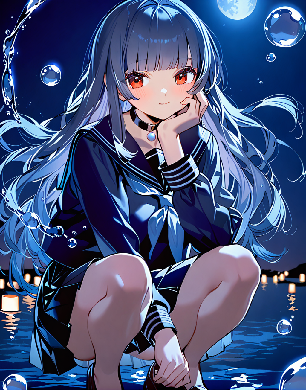 <lora:potgXLlokr4f:0.7>,masterpiece,best quality,Cinematic Lighting,
1girl,long hair,solo,moon,blue hair,water,bubble,night,film lighting,long_sleeves,squatting,long hair,school uniform,looking at viewer,bangs,choker,black serafuku,sailor collar,long sleeves,black skirt,blush,red eyes,closed mouth,hand on own face,black choker,blunt bangs,hand on own cheek,neckerchief,<lora:zeroA:0.8>,<lora:sd_xl_dpo_turbo_lora_v1-128dim:1>,<lora:sd_xl_dpo_lora_v1:1>,