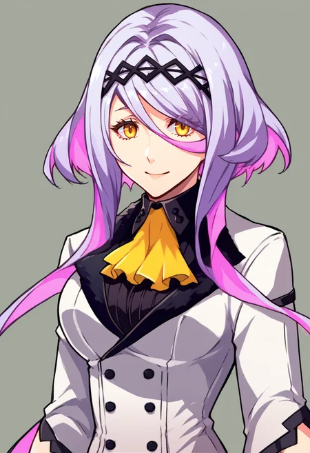 score_9, score_8_up, score_7_up, source_anime BREAK 1girl, solo,
<lora:zs_ZeroAzurePortraitsXL:1> zeroazureportraits, solo, upper body, simple background, upper body,
<lora:figue-sh2-richy-v1_pdxl:1> figue, yellow eyes, purple hair, multicolored hair, hairband, hair between eyes, sidelocks, yellow ascot, white coat, long sleeves, black shirt, half gloves, black gloves, white shorts, purple leggings, large breasts
smile