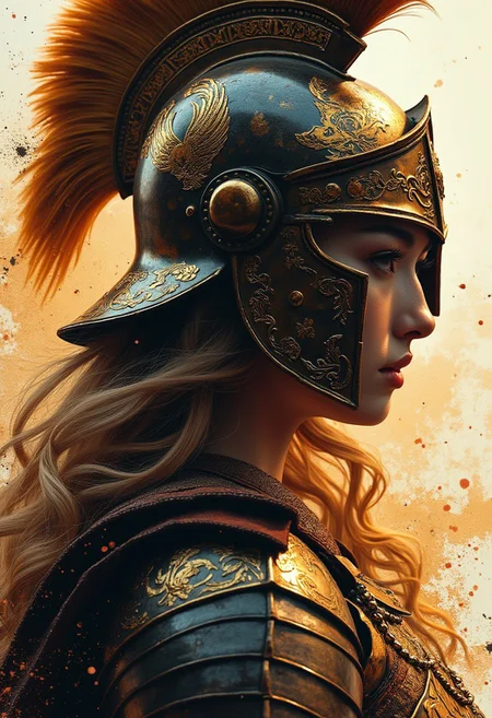 Silhouette Art, magnificent, inksplash closeup portrait of stunning japanese woman, blonde loose hair, wearing bronze age greek armour with a full face helmet