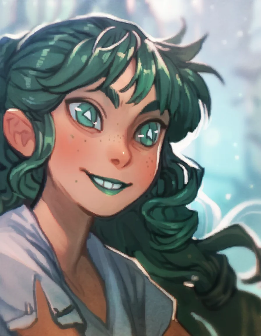 score_9, score_8_up, score_7_up, score_6_up, score_5_up, score_4_up, source_anime,  MaggieLacivi, green hair, green eyes, soft smile, portrait