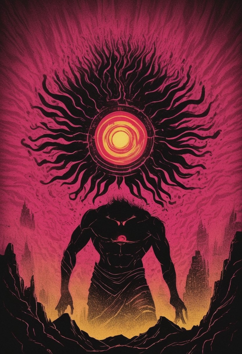 pop art, floating dust particles, visible dust in light rays, vintage dusty atmosphere, cinematic quality, closeup, a glamourshot of a Shiva with four Arms and with glowing eyes Planet head, riding through the night, scenery, glowing eye, wild mane, skyline, towering skyscaper, CYclops, sharp teeth, shaded face, yellow, pink and red color graded, deep Blacks, very detailed, atmospheric haze, Film grain, cinematic film still, shallow depth of field, highly detailed, high budget, cinemascope, moody, epic