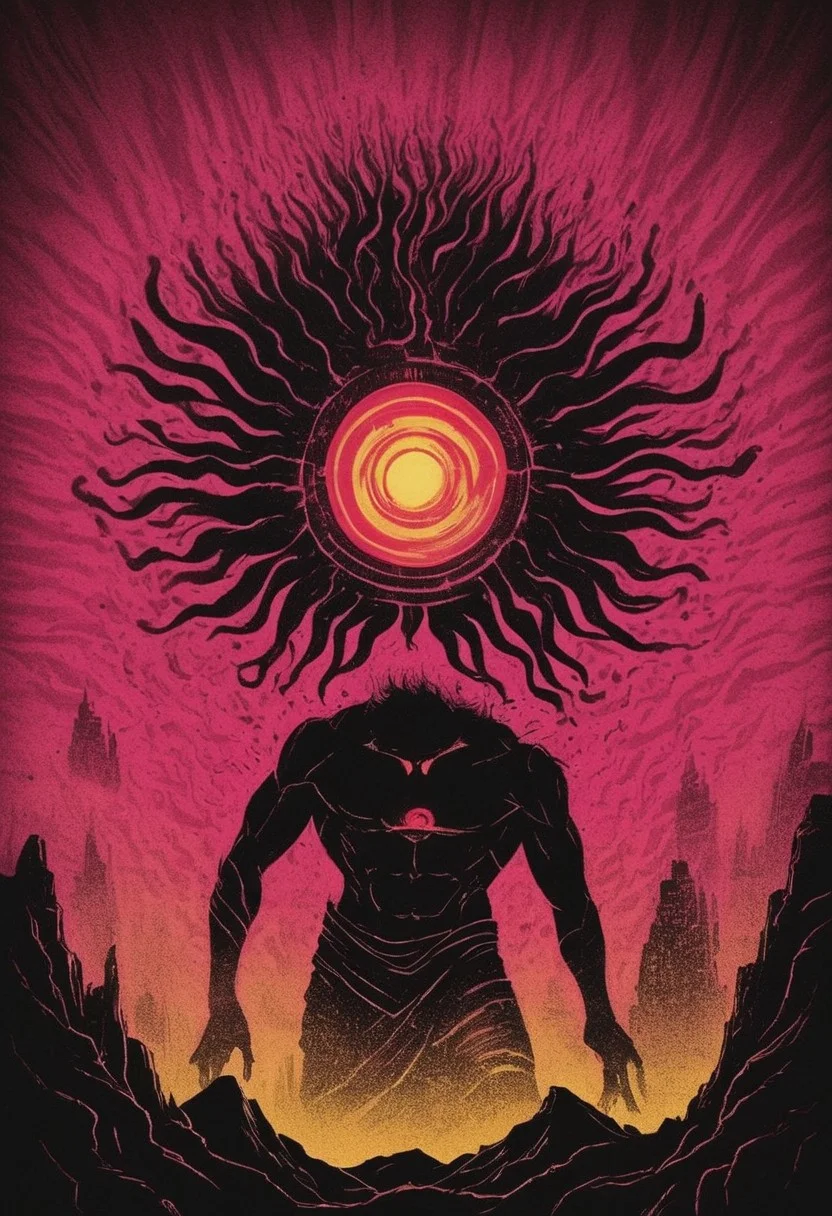 pop art, floating dust particles, visible dust in light rays, vintage dusty atmosphere, cinematic quality, closeup, a glamourshot of a Shiva with four Arms and with glowing eyes Planet head, riding through the night, scenery, glowing eye, wild mane, skyline, towering skyscaper, CYclops, sharp teeth, shaded face, yellow, pink and red color graded, deep Blacks, very detailed, atmospheric haze, Film grain, cinematic film still, shallow depth of field, highly detailed, high budget, cinemascope, moody, epic