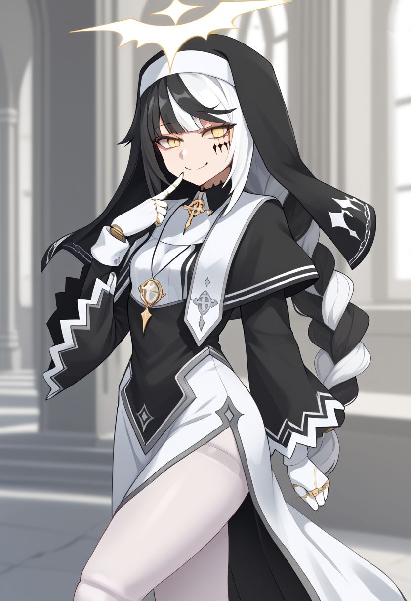 1girl, absurdres, solo, long hair, black hair, streaked hair, two-tone hair, yellow eyes, braid, white hair, multicolored hair, facial mark, braided ponytail, veil, nun, habit, black capelet, asymmetrical gloves, mismatched gloves, white pantyhose, doll joints, smile, index finger raised, finger to mouth, shushing, naughty face, half-closed eyes, head tilt