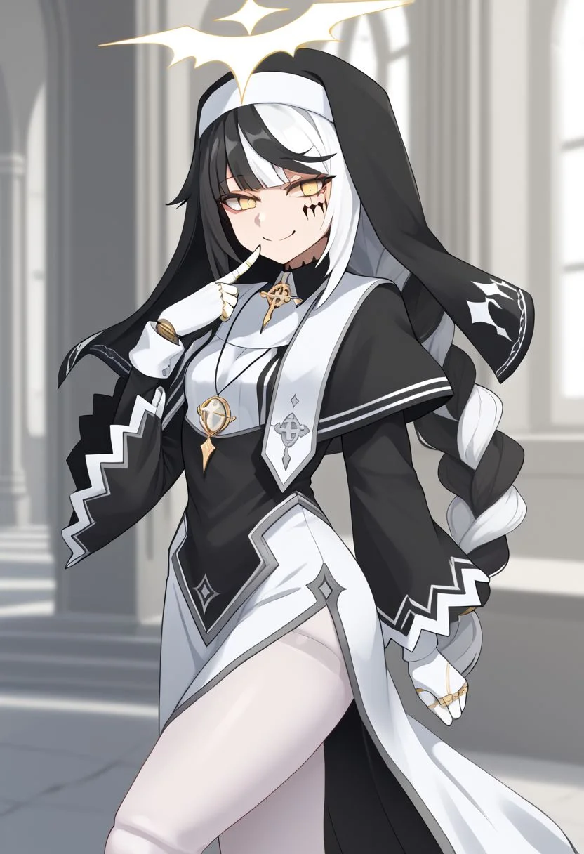 1girl, absurdres, solo, long hair, black hair, streaked hair, two-tone hair, yellow eyes, braid, white hair, multicolored hair, facial mark, braided ponytail, veil, nun, habit, black capelet, asymmetrical gloves, mismatched gloves, white pantyhose, doll joints, smile, index finger raised, finger to mouth, shushing, naughty face, half-closed eyes, head tilt