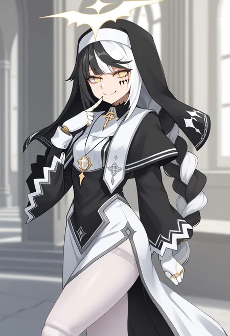1girl, absurdres, solo, long hair, black hair, streaked hair, two-tone hair, yellow eyes, braid, white hair, multicolored hair, facial mark, braided ponytail, veil, nun, habit, black capelet, asymmetrical gloves, mismatched gloves, white pantyhose, doll joints, smile, index finger raised, finger to mouth, shushing, naughty face, half-closed eyes, head tilt