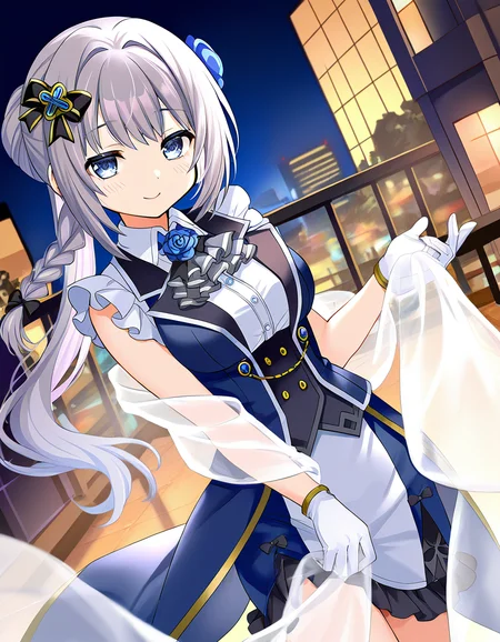 masterpiece, best quality, newest, absurdres, highres, safe, 1girl, yakumo mitama, magia record: mahou shoujo madoka magica gaiden, holding translucent shawl, solo, city, night, dutch angle, <lora:yakumo_mitama_noobaiXLNAIXL_vPred10Version:0.7>