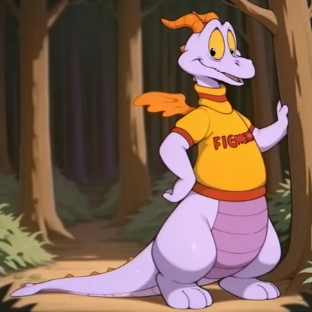 masterpiece, best quality, amazing quality, Figmentdrgnil, semi-anthro, dragon, purple skin, black eyes, yellow sclera, orange horns, orange wings, yellow shirt with red trim,  standing, in a forest, full body, looking at viewer, solo