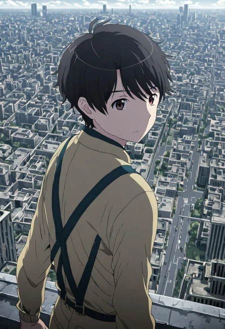 high resolution, solo, best quality, 1Boy, Inaho Kaizuka, Black Hair, Brown Eyes, high-rise, top of building, landscape, depth of field, OverallDetail