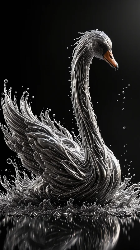 SILVER LIQUID METAL Swan Swimming through SILVER LIQUID METAL, Liquid metal sprays up from the lake, drifting in a black void, <lora:Liquid_Fluid_Metal_XL_-_By_DICE:0.7>, UHD