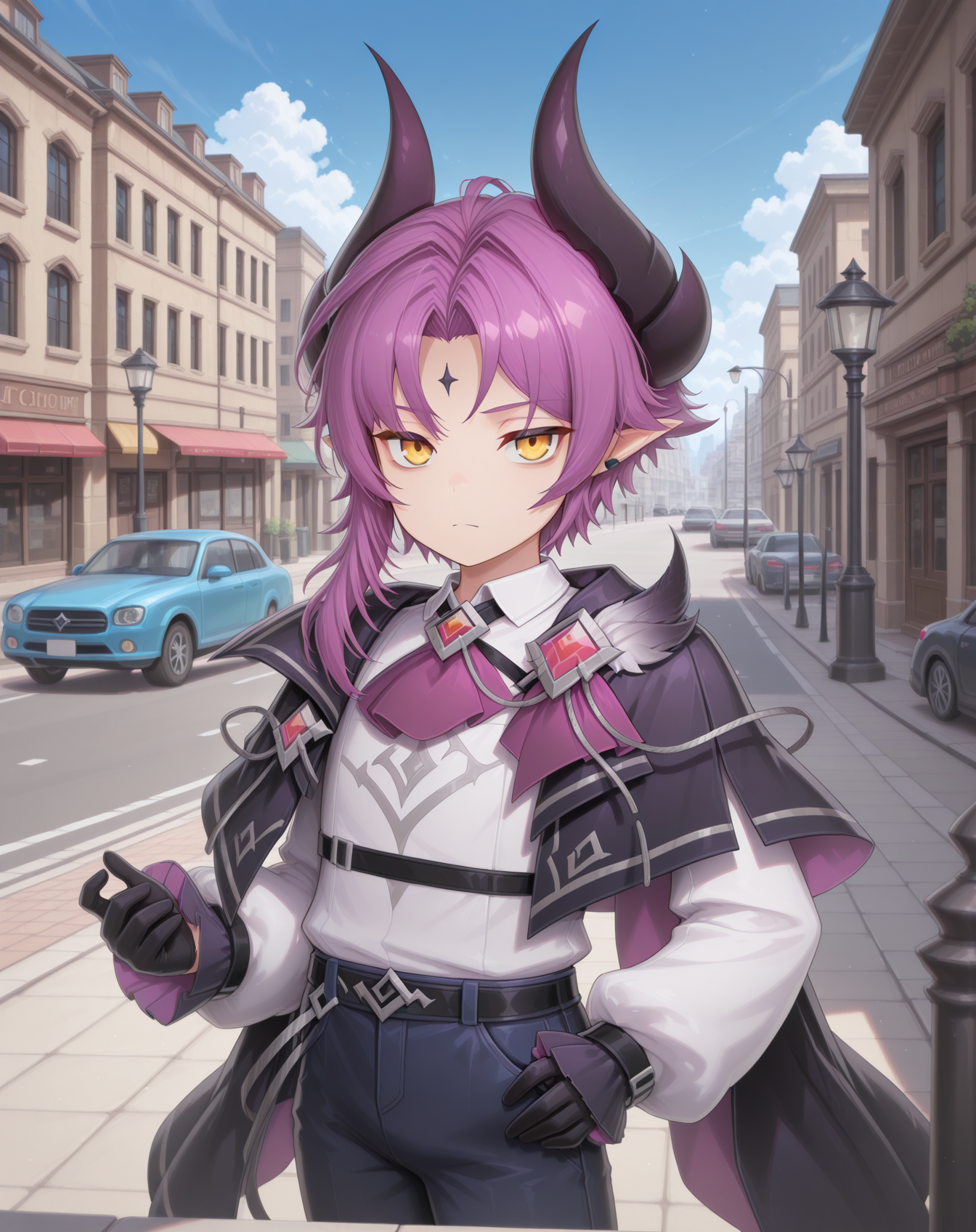 masterpiece,best quality,amazing quality, newest, very aesthetic, absurdres,
1boy, solo, yaoi, male focus, looking at viewer, cowboy shot, standing,
<lora:Veigas_T_Default_ilxl:1> veigastdefault, demon horns, yellow eyes, purple hair, pointy ears, forehead mark, demon boy, parted bangs, black horns,asymmetrical hair,
white shirt, jeans, sneakers,
outdoors, day, blue sky, building, street, road, lamppost, car,
