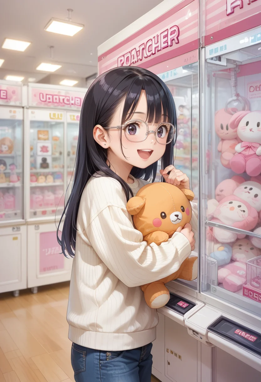 score_9, score_8_up, score_7_up, rating_safe, masterpiece, best quality, absurdres, unity 8k wallpaper, official art, official style, source_anime, game cg, megami magazine,
1girl, solo, glasses, black hair, long hair, white ribbed sweater, jeans, happy, smile, looking at another, open mouth, solo focus, face focus, side view,
UFOCatcher, crane game, arcade, scenery, indoors, still life, character doll
 <lora:UFO_CATCHER_PONY_V1:1>