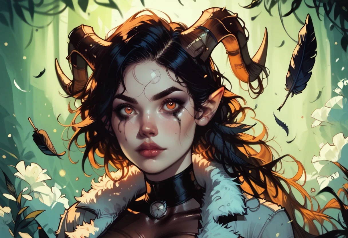 (score_9, score_8_up, score_7_up, score_6_up, 1girl, solo, embedding:zPDXL), score_9, score_8_up, score_7_up, 1girl, horns, solo, long hair, pointy ears, black hair, lips, red eyes, black choker, curled horns, straight hair, black dress, detailed eyes, (emo girl makeup:1.2), (body suit:1.5), (pantyhose:1.2), (bodystocking:1.3), (black feather fur coat:1.4), (sultry expression:1.5),intricate artwork, sharp, 8k, breathtaking, crystalline, filigree, hyperrealism, lush detail, perfectionism, sharp focus, 1girl, solo, semi realistic, dramatic angle, Expressiveh, high contrast, ,skyaboveme,by pistachiocream,light rays,lens flare,light particles,beautiful color, detailed, amazing quality,d3t41l3d,commix style