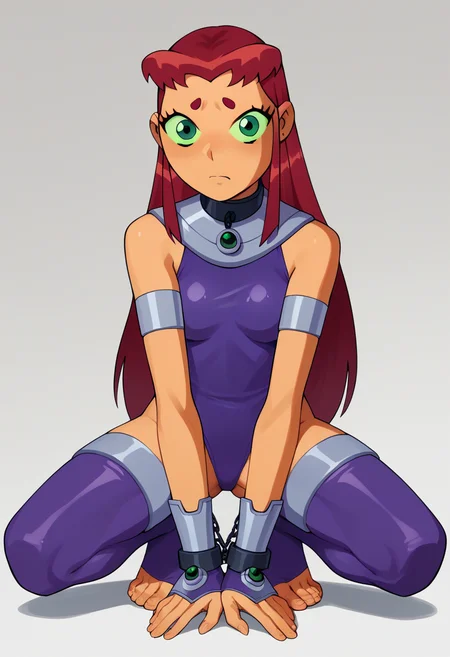 score_9, score_8_up, score_7_up, score_6_up, score_5_up, score_4_up, BREAK
1girl, starfire, red hair, long hair, green eyes, orange skin,
squatting, chained collar, chain, leotard, foot focus, toes, stirrup stockings, solo, simple background <lora:StarfireTTXL:1>