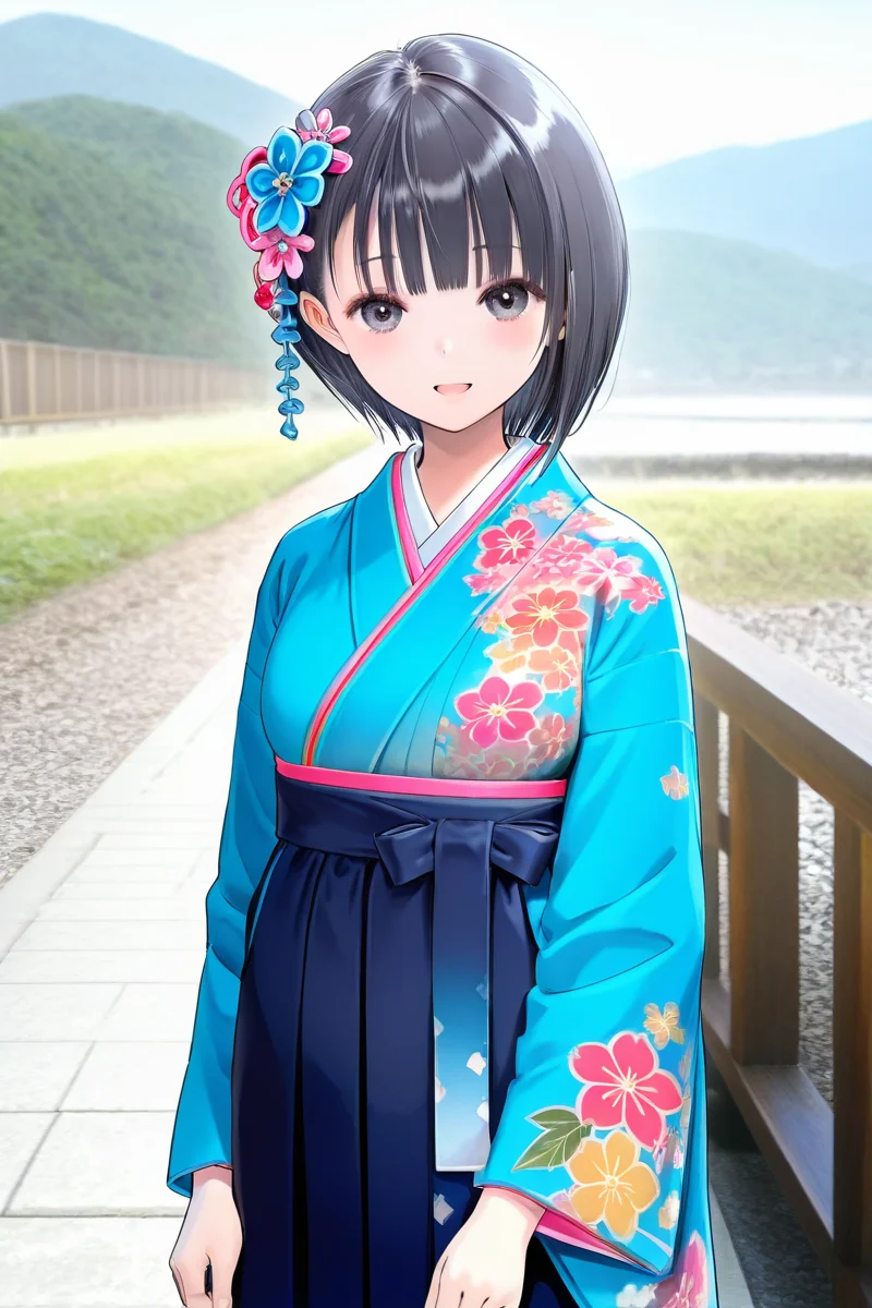 <lora:Shirai_Hinako_Blue_Reflection_illus:1>Shirai Hinako, japanese outfit,1girl, solo, looking at viewer, smile, short hair, bangs, skirt, black hair, hair ornament, long sleeves, standing, flower, outdoors, japanese clothes, hair flower, blunt bangs, kimono, black eyes, floral print, hakama, hakama skirt, blue kimono, photo background, anime color, seductive smile, open mouth, <lora:Add_more_details_pony:0.8> cowboy shot,