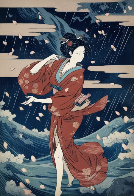 a girl in kimono and dancing in a storm, cherry petals flying in the air, wind and rain, (best quality), woodcuts, highly detailed, KHsty-XL <lora:KHsty-XL-v3-AN:0.7>
