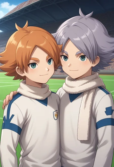 score_9, score_8_up, source_anime, highly detailed, 2boys, male_focus, slender, skinny, upper body,
aiden, 1boy, male focus, scarf, sportswear, orange hair, white scarf, soccer uniform, long sleeves, white shirt,
fubuki2, 1boy, male focus, 1boy, grey hair, soccer uniform, long sleeves, white shirt
outdoor, soccer field, smile, hands on shoulders, siblings, brothers,