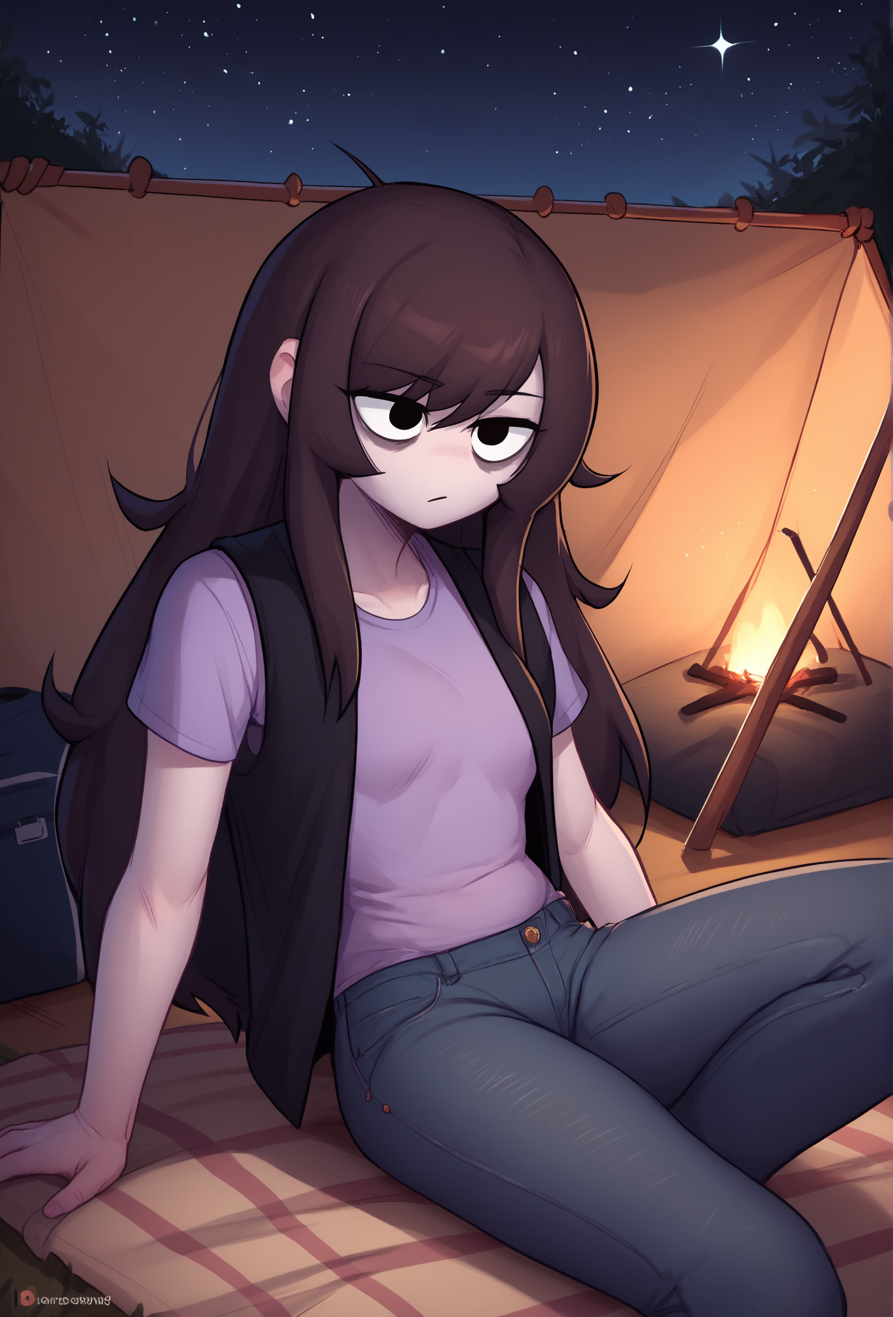 score_9, score_8_up, score_7_up, score_6_up, score_5_up, score_4_up,   <lora:rosemary_cabronpr_ponyXL_v1.3:0.7> rosemary, 1girl,bags under eyes, no nose, black eyes, colored skin, purple shirt, vest, jeans, campsite, night, starry sky, <lora:zackary911_style_ponyXL_v1.3:0.9>